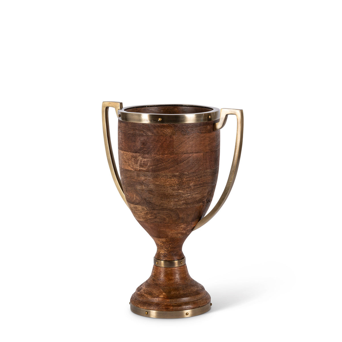 luxe wood and metal trophy urn vase planter 