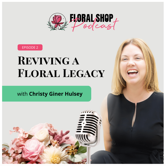 international female luxury florist dressed in black for the floral shop podcast button