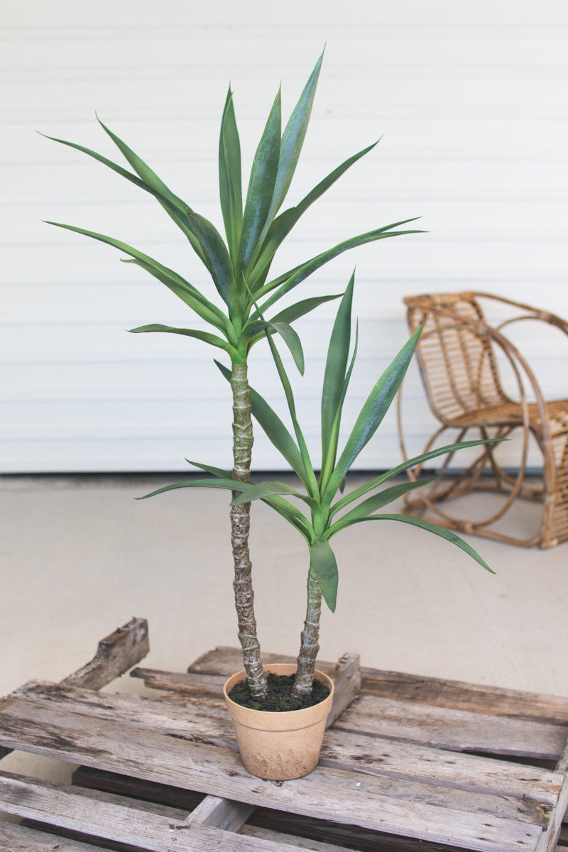 artificial faux green plant in terra-cotta pot styled with chair and on wood pallet 