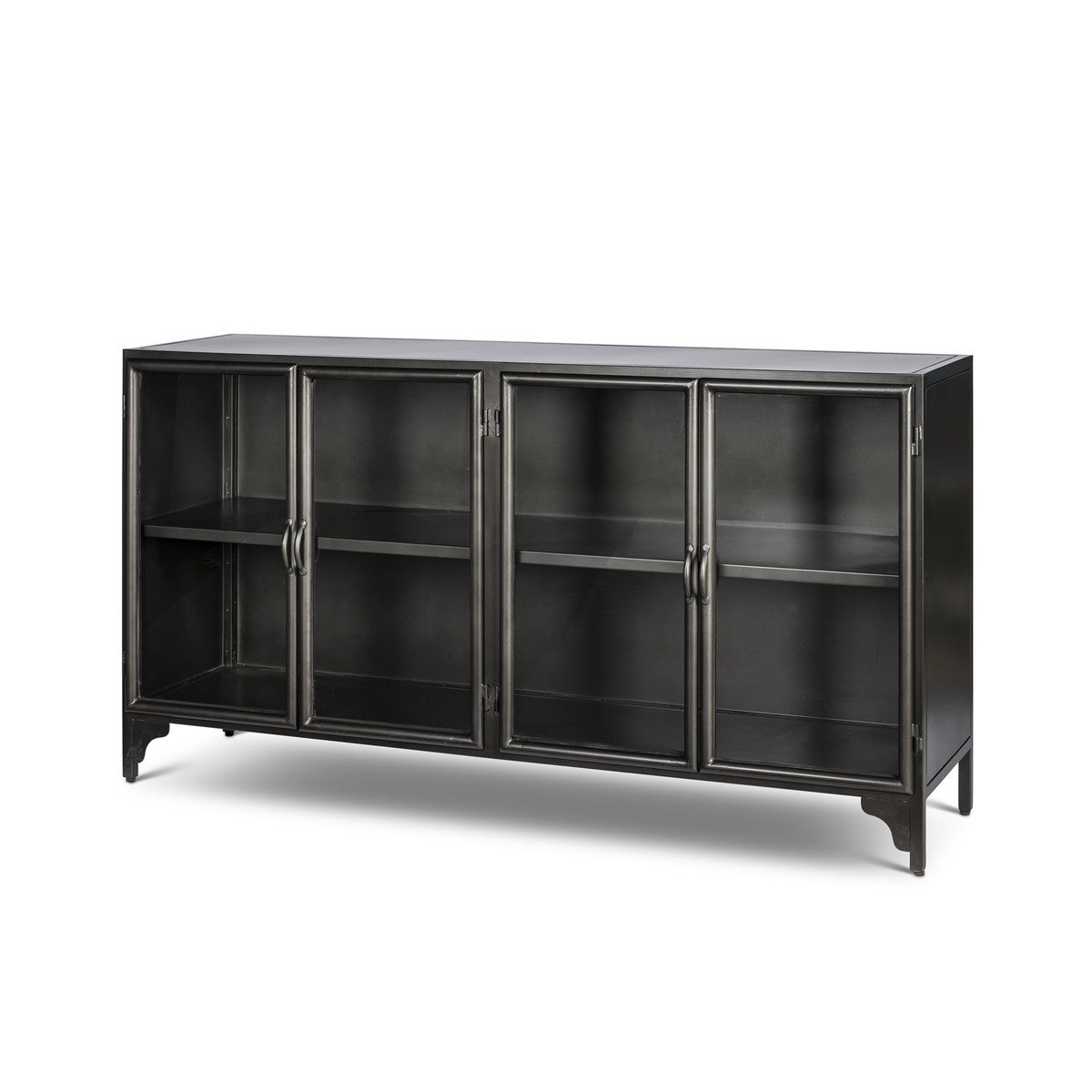 black metal console furniture tilted to the side on white background