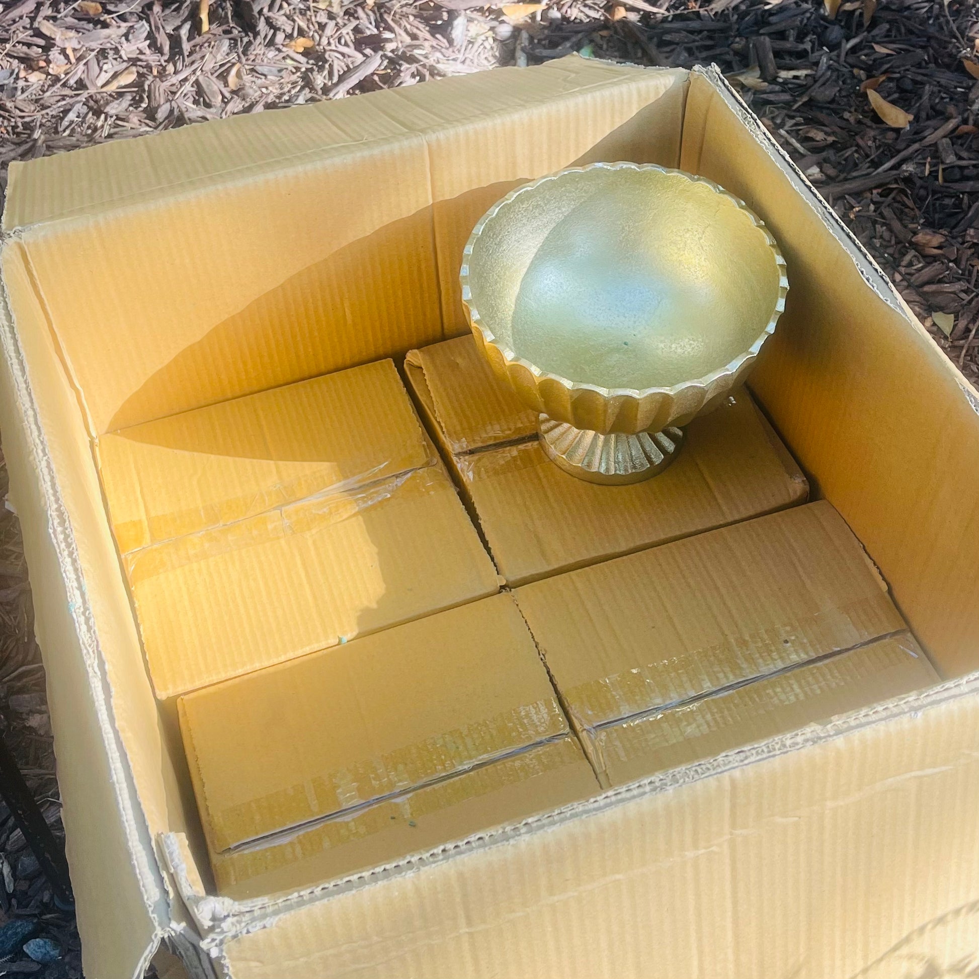 gold scallop edge compote vase in cardboard shipping box