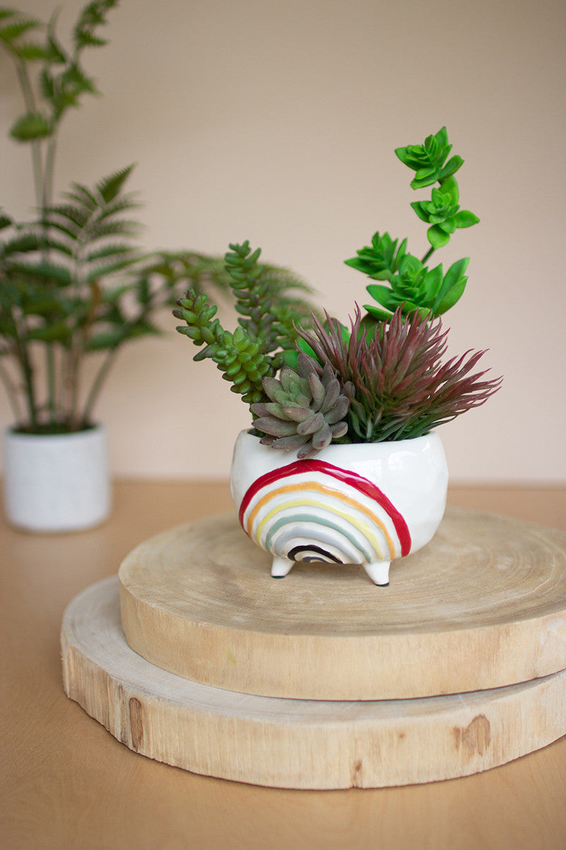 white ceramic planter with rainbow on the front and succulents inside on wood risers