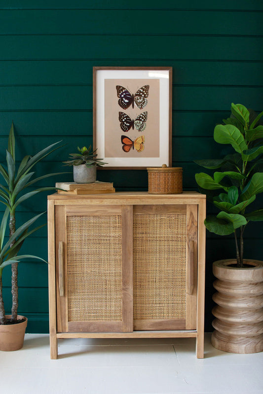 Wood Woven Cane Cabinet with Sliding Doors