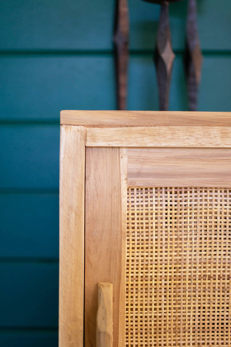 Wood Woven Cane Cabinet with Sliding Doors