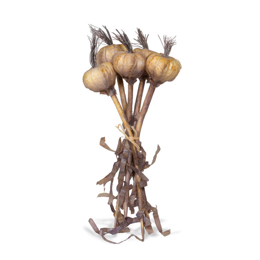 faux artificial realistic garlic bundle on white background