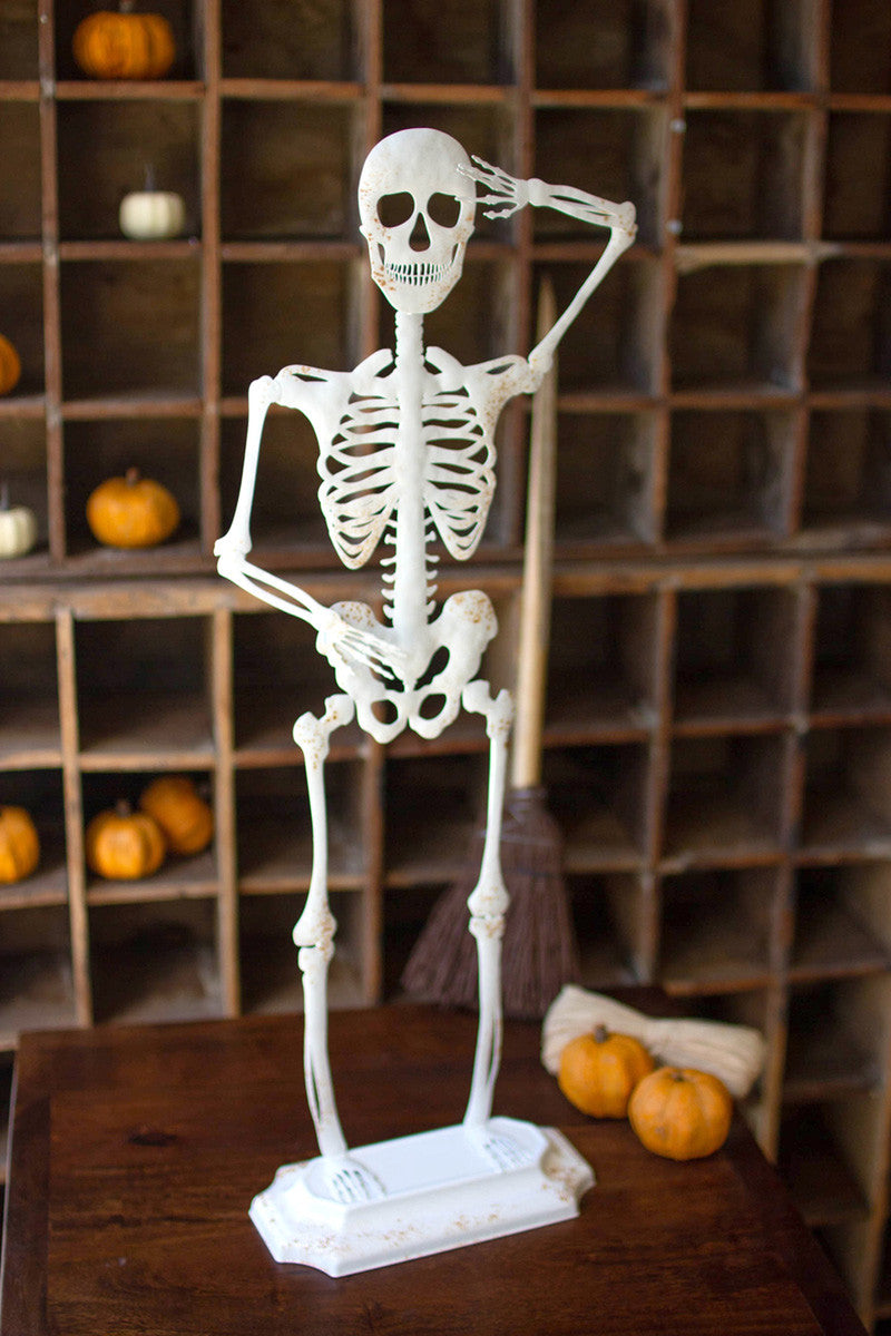 Halloween Rustic White Metal Skeleton on a Stand