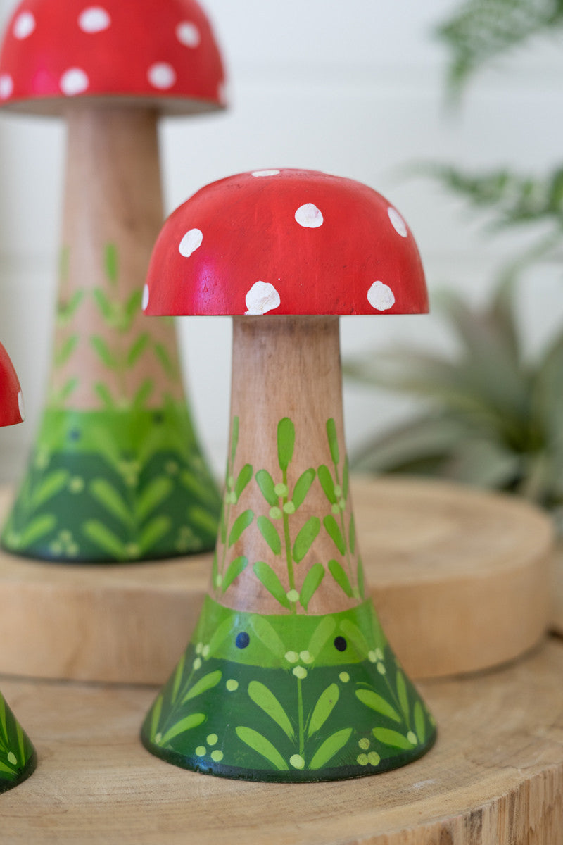 Red White & Green Painted Wooden Mushrooms, Set of 3