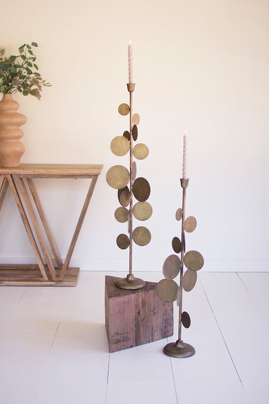 Antique Brass Candle Holders with Round Discs
