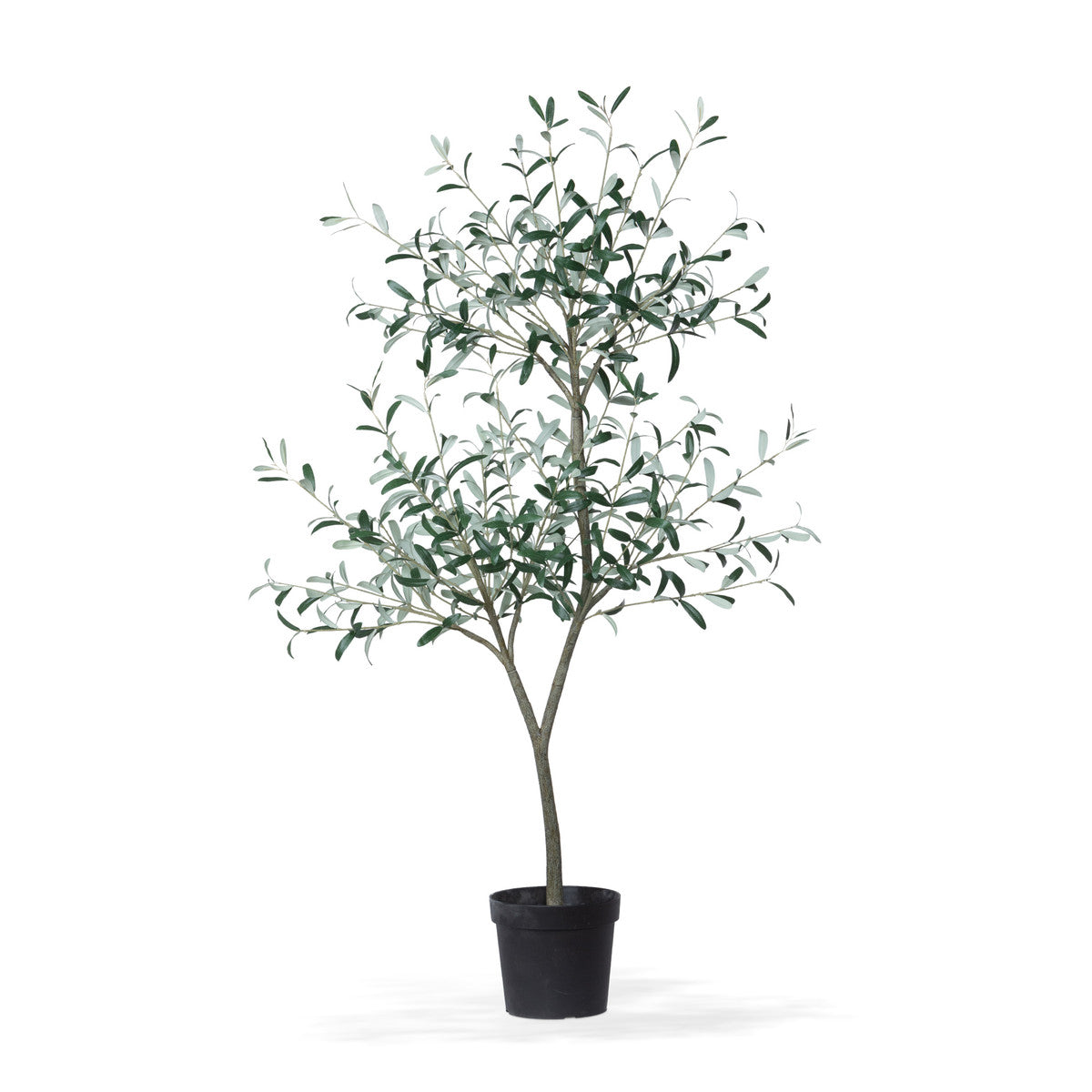 artificial faux tuscan olive tree in black growers pot white background