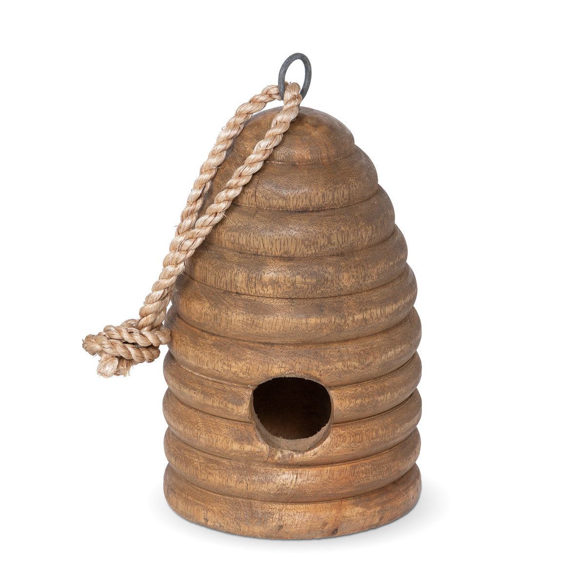 carved wood hanging beehive on white background