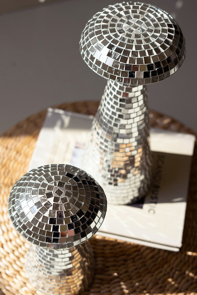 two sparkly disco ball mushrooms for party decor