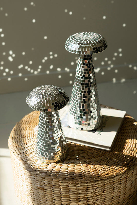 two disco ball party mushroom decor on basket