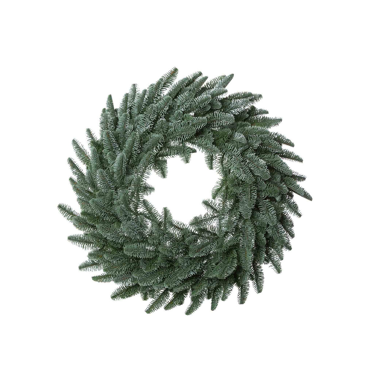 green artificial faux noble fir christmas wreath on a white background