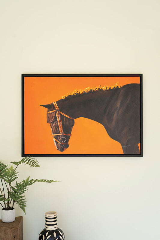 abstract modern horse on orange background wall art with faux plant