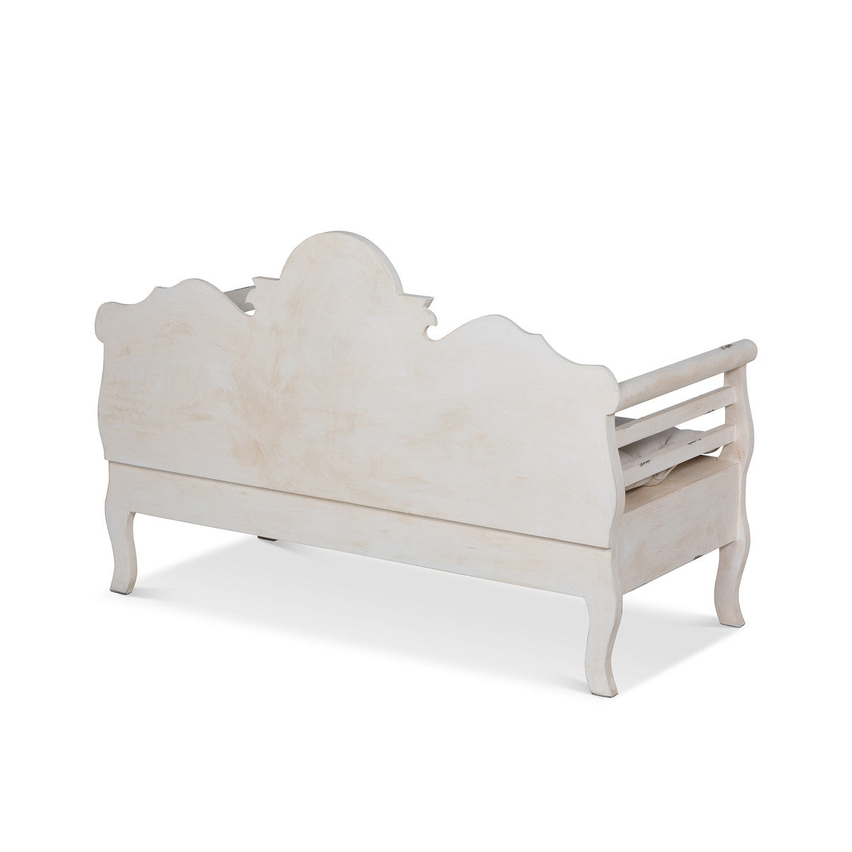 french country white washed wood bench with drawers and cotton cushion  back side of furniture