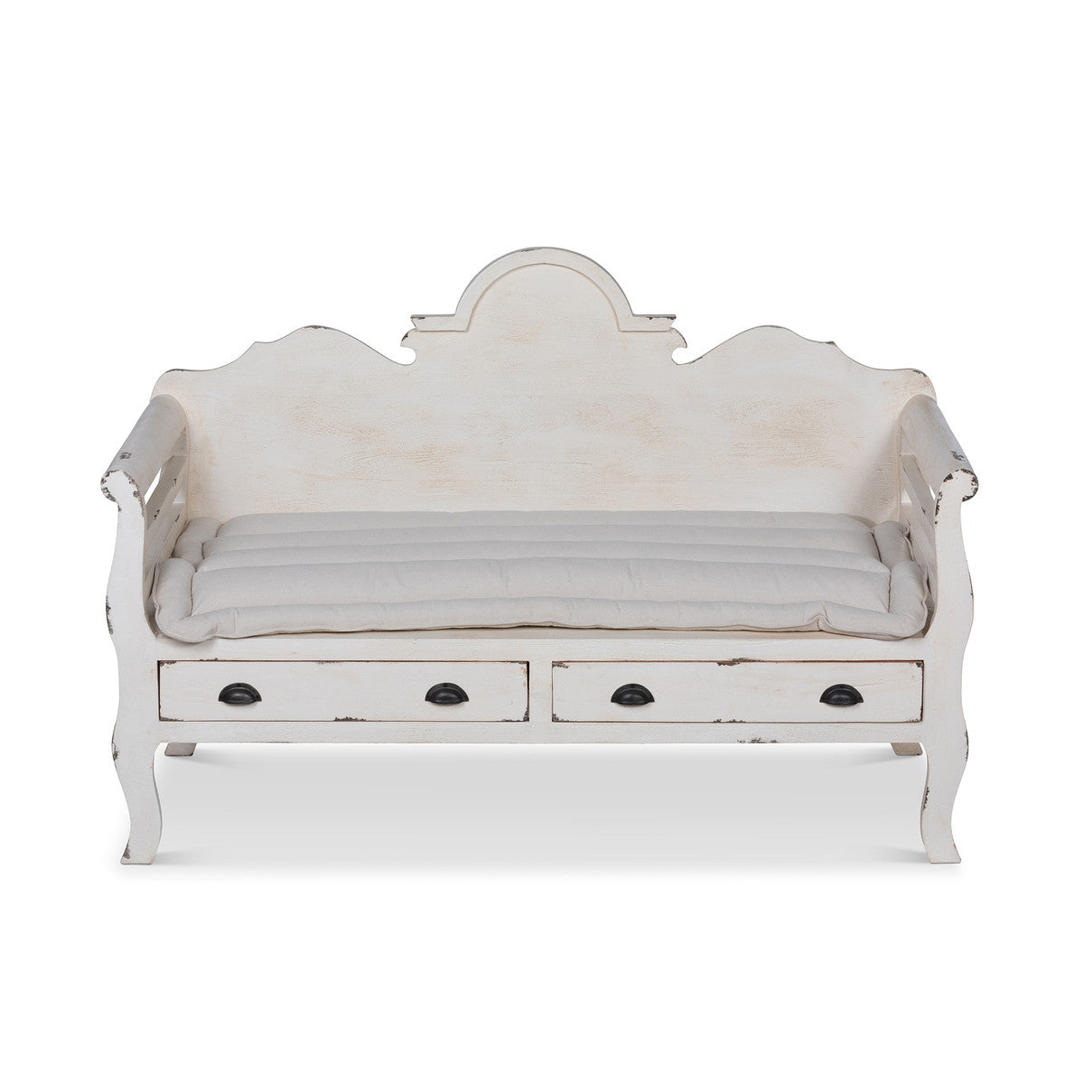 french country white washed wood bench with drawers and cotton cushion 