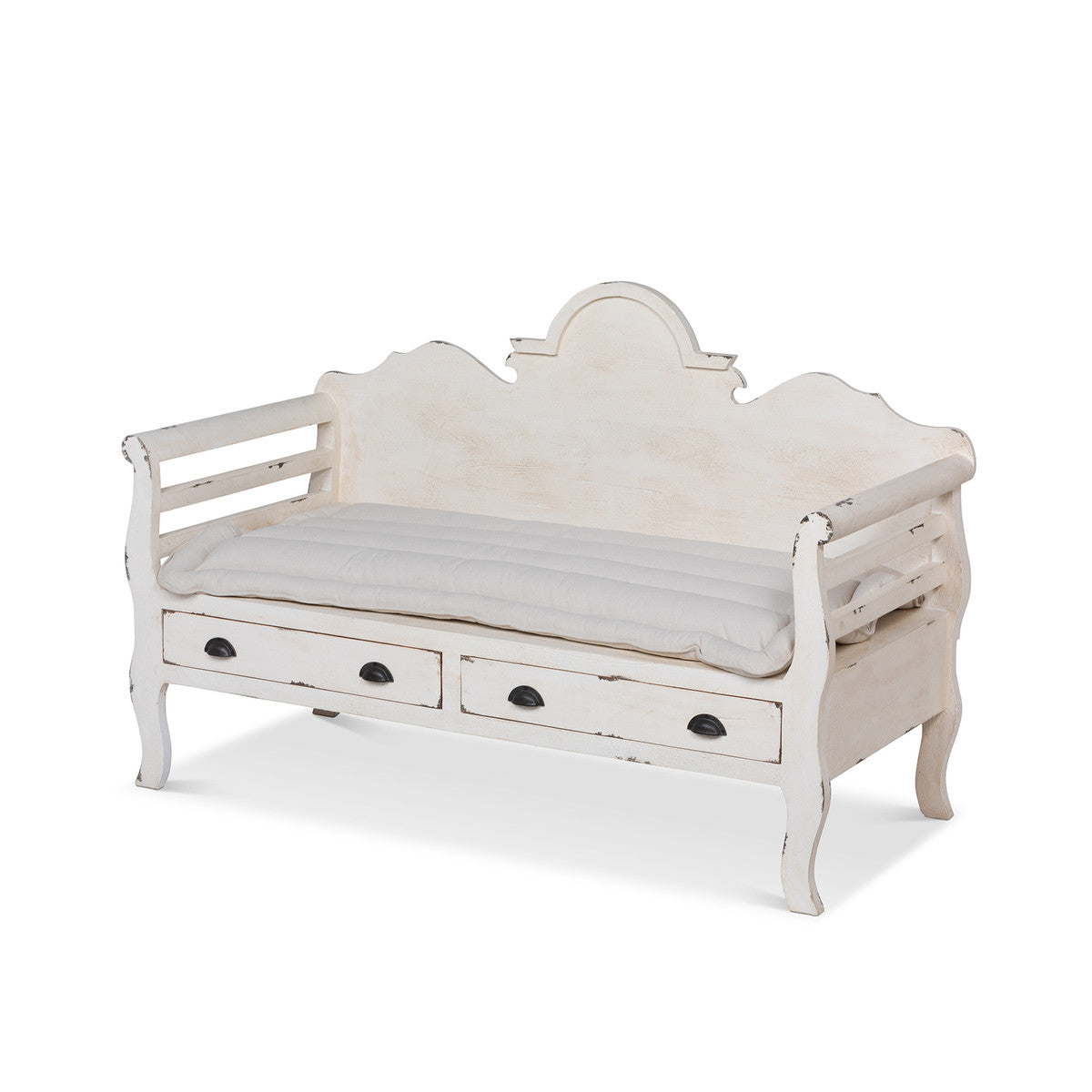 french country white washed wood bench with drawers and cotton cushion  on white background
