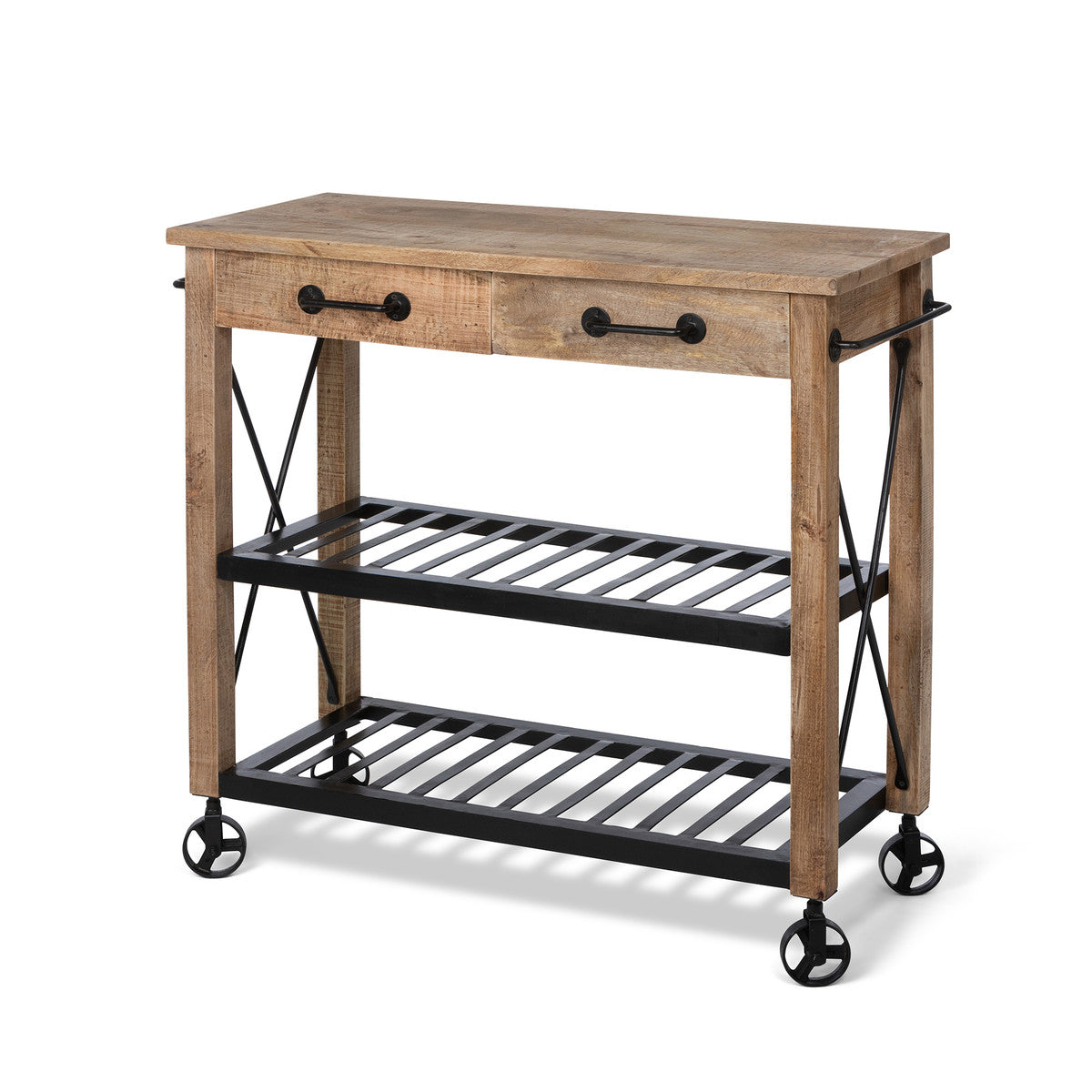wood and metal potting cart on wheels with drawers closed on white background