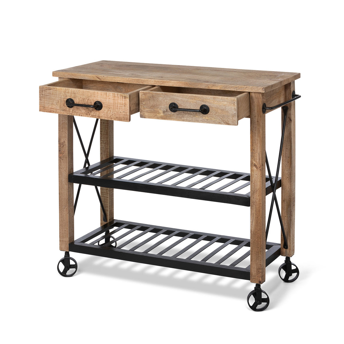 wood and black metal potters cart with drawers open on white background