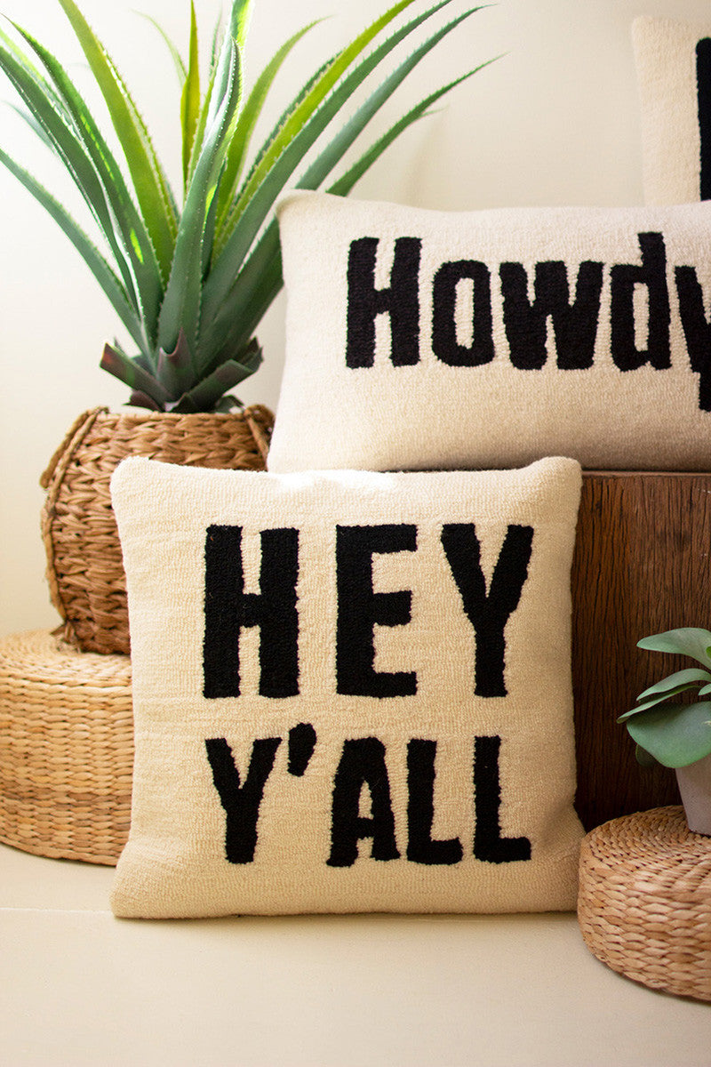 hey y'all southern style hand hooked pillow with faux plant 