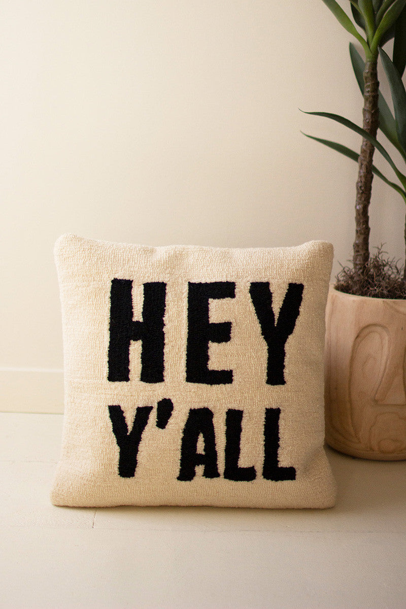 hey y'all black white hand hooked pillow with artificial plant
