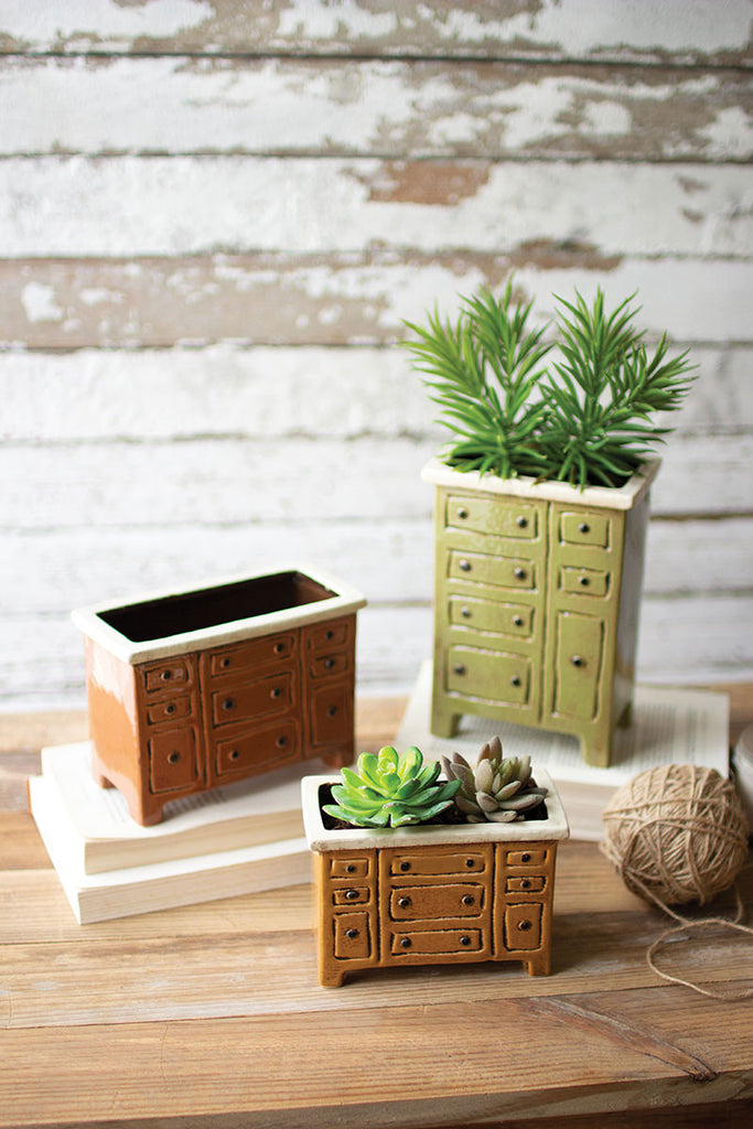 set of 3 ceramic chest of drawers planters