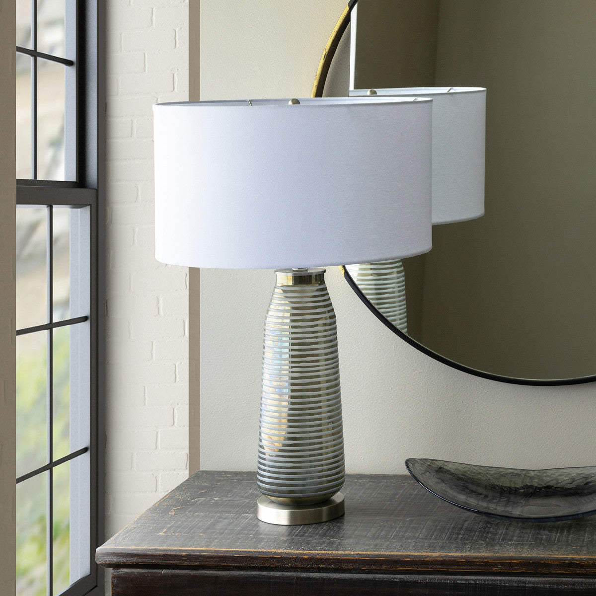 urban style ribbed table lamp on buffet 