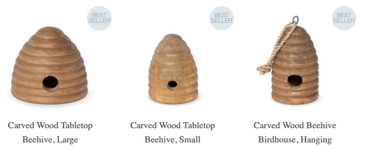 Carved Wood Tabletop Beehive, Large & Small & Hanging Birdhouse