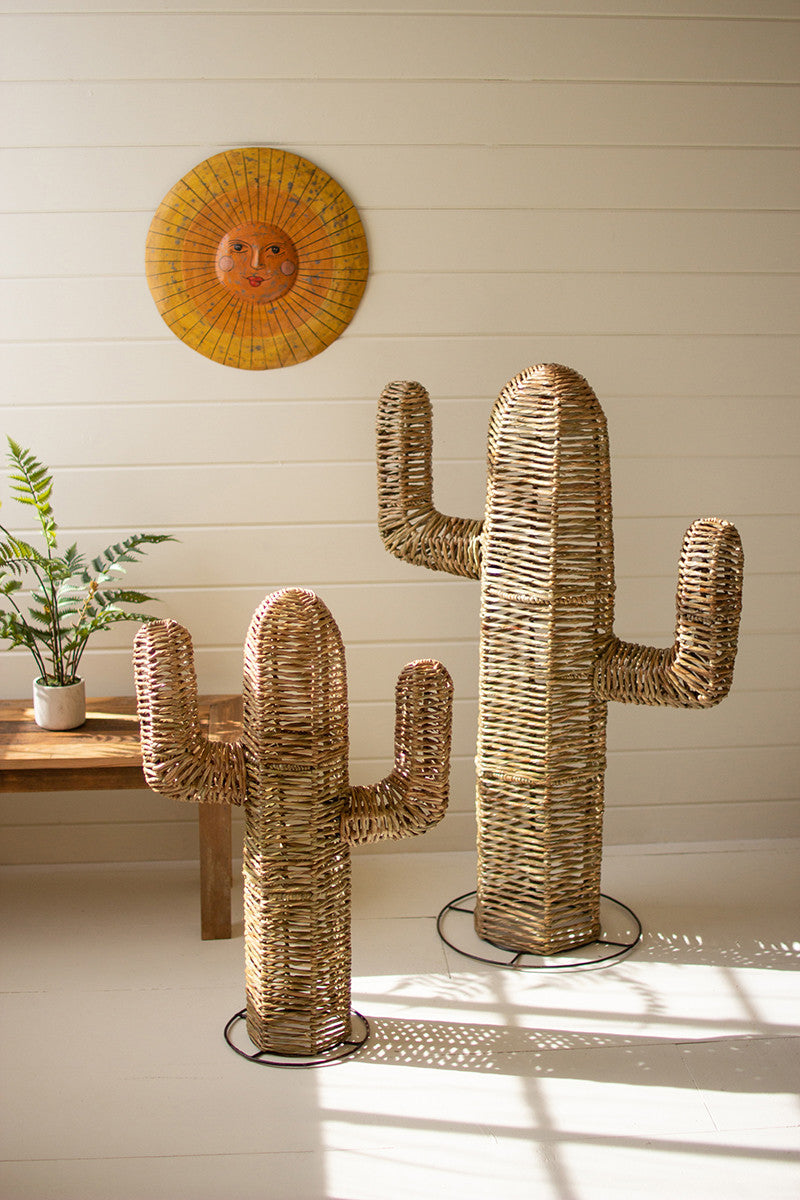 woven seagrass cactus with sun on wall