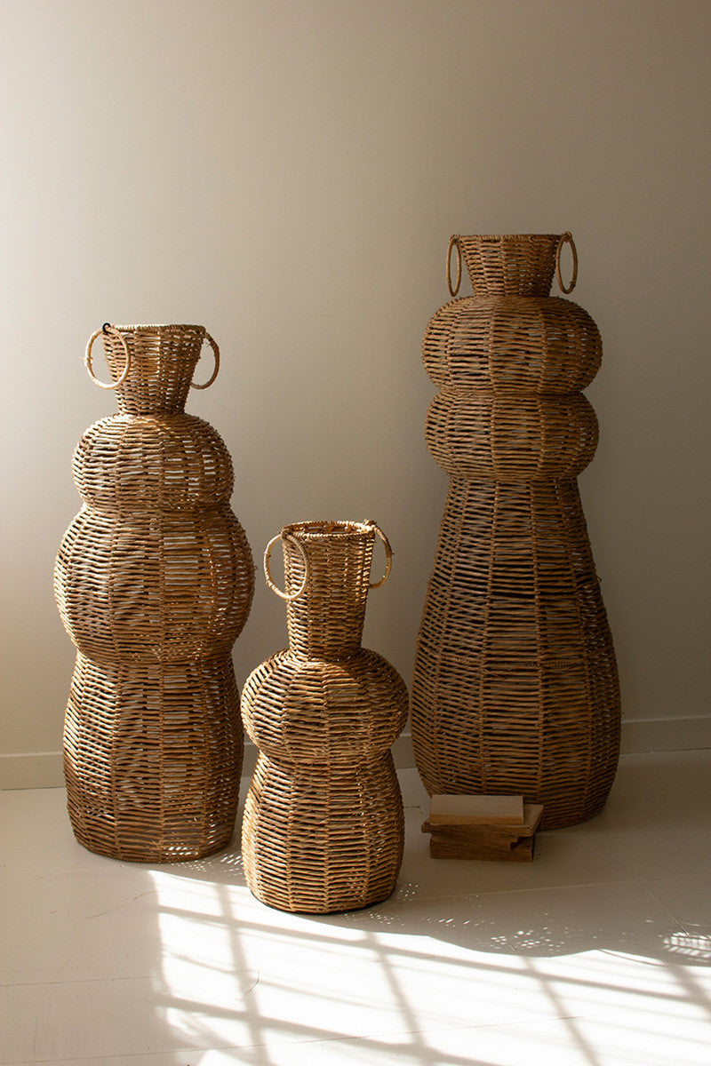 Woven Seagrass and Iron Floor Vases