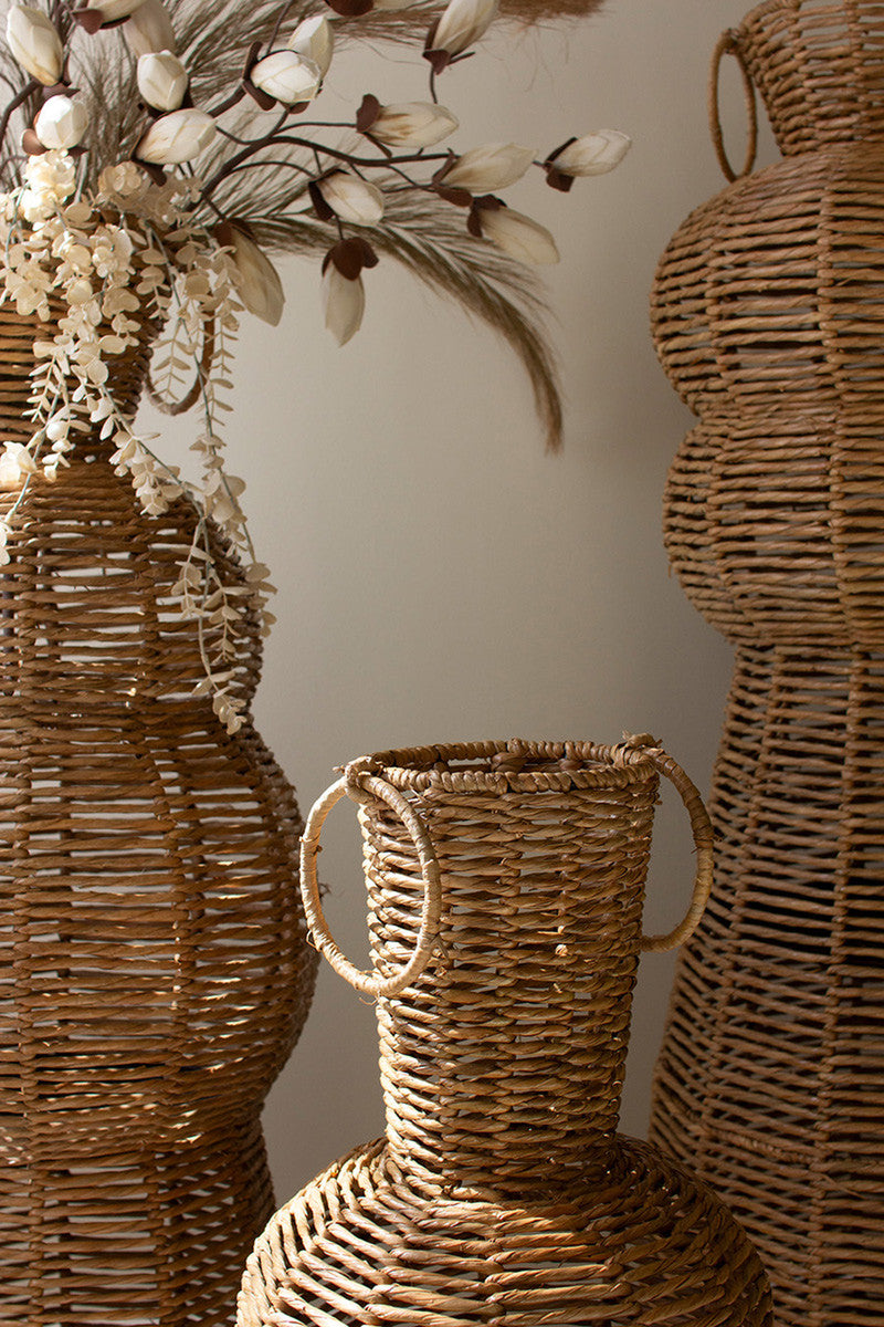 Woven Seagrass and Iron Floor Vases