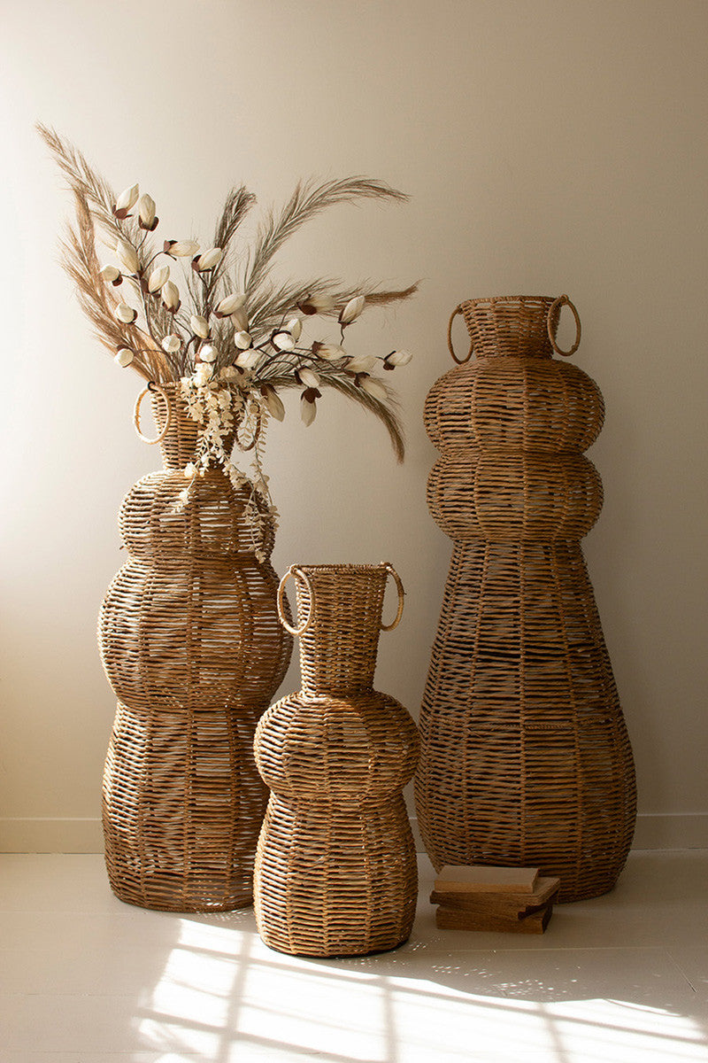 Woven Seagrass and Iron Floor Vases With artificial faux botanicals