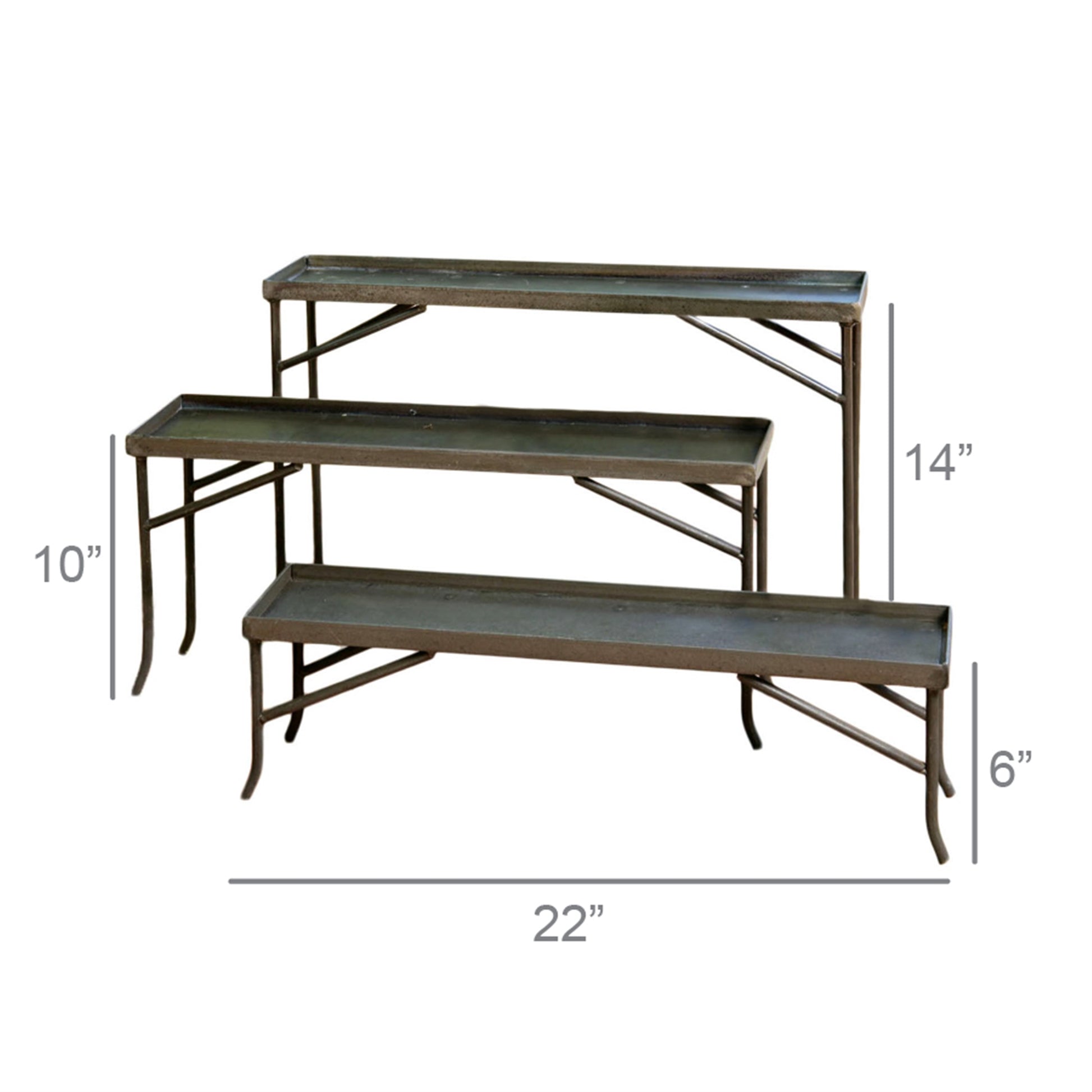 three forged iron racks with dimensions on white background