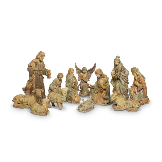 twelve piece nativity set on white background