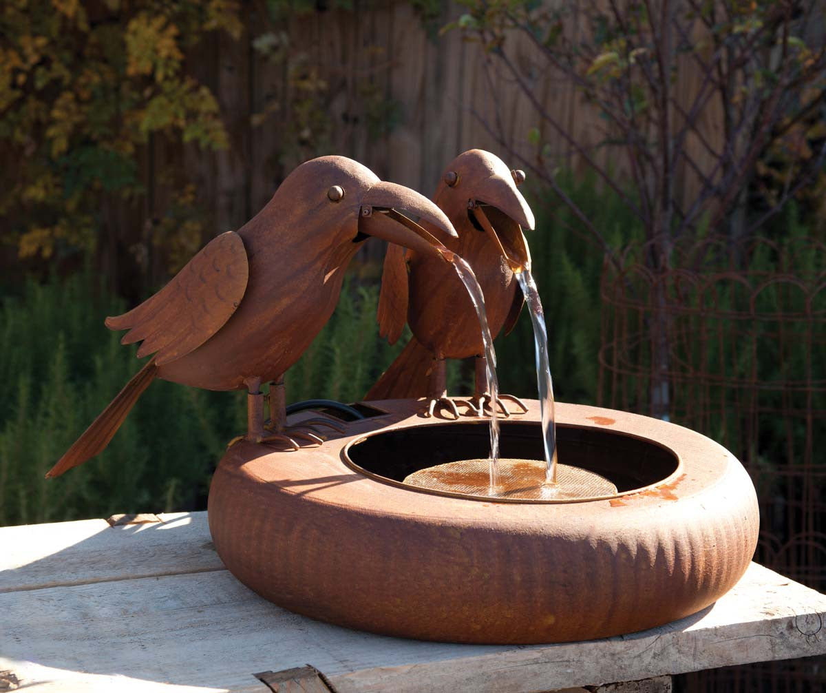 Vintage rustic crow bird water fountain in outside garden 