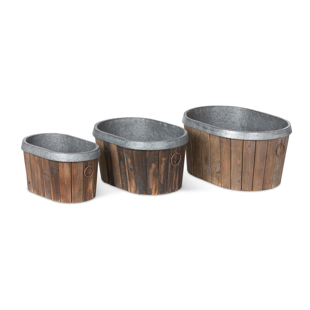 Galvanized Wooden Oval Tub Party Bucket Planter, Set of 3