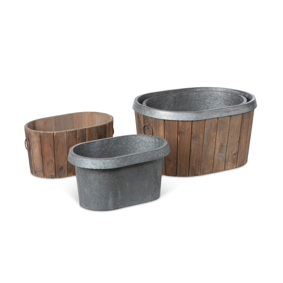 Galvanized Wooden Oval Tub Party Bucket Planter, Set of 3