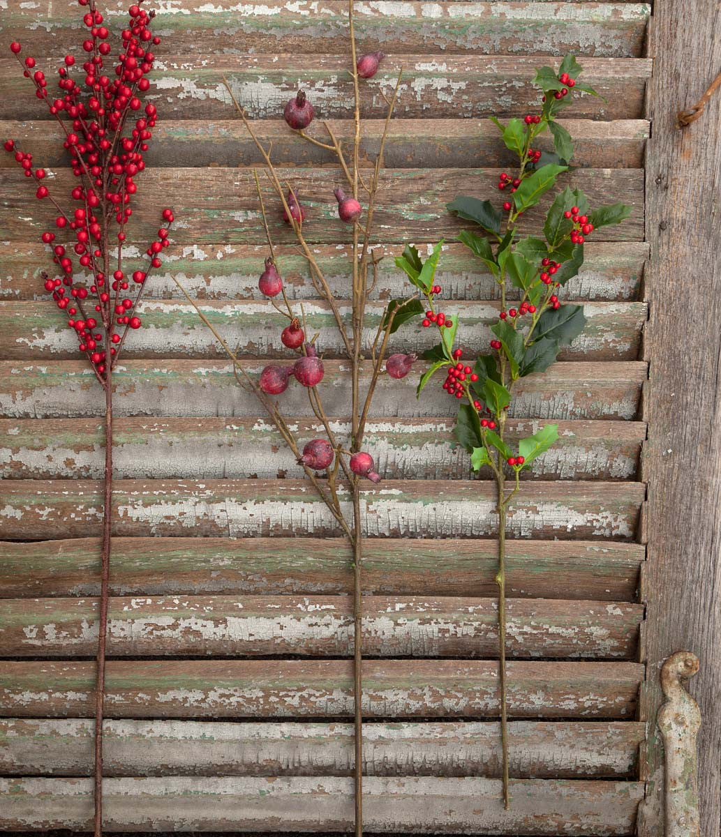 artificial-faux-green-leaf-red-berry holly-stem