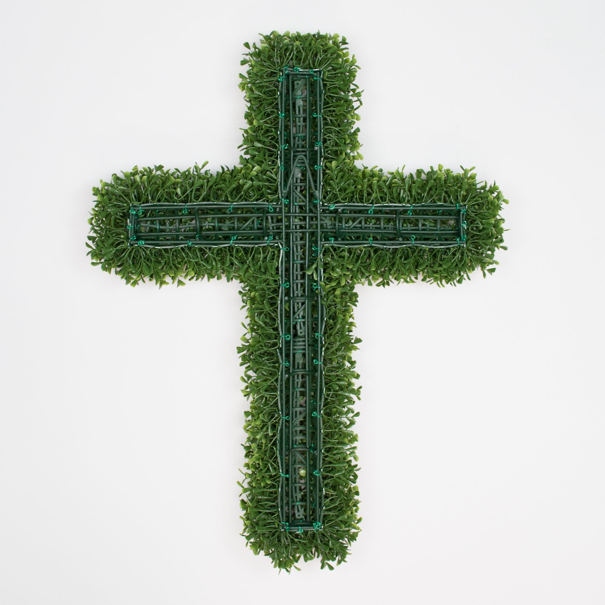 the back of faux boxwood cross 
