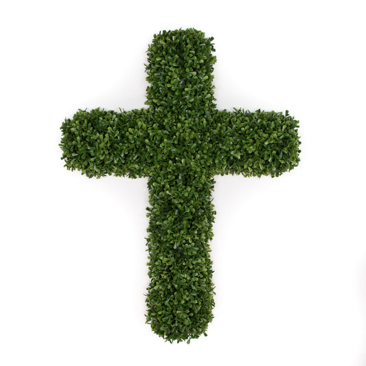 faux green boxwood cross on white background