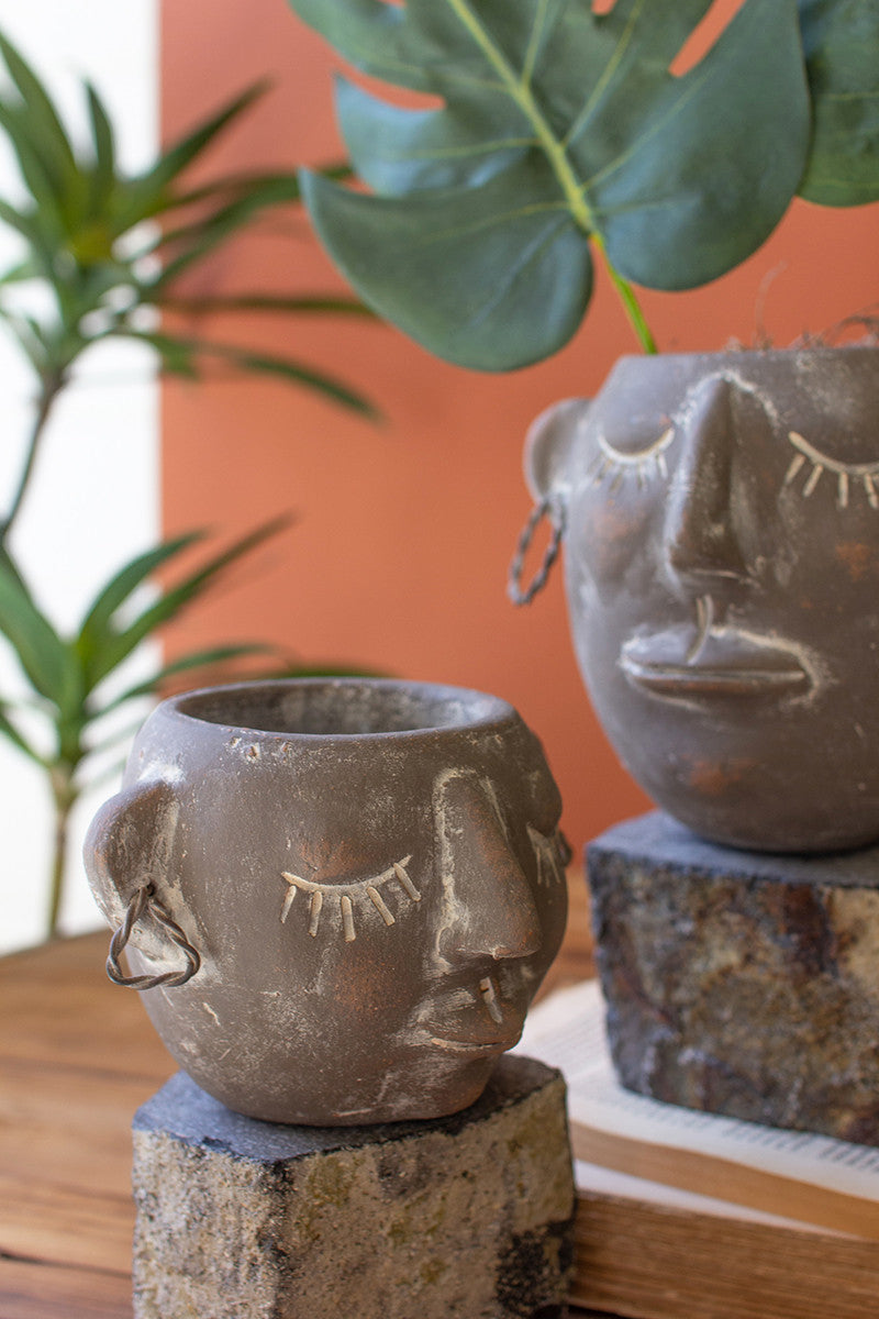 Clay Face Pot With Rock Base, Set of 2