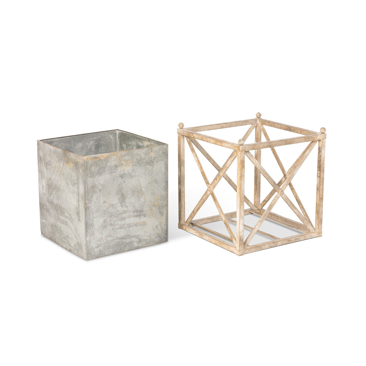 frame and insert of a large metal french farmhouse planters on white background