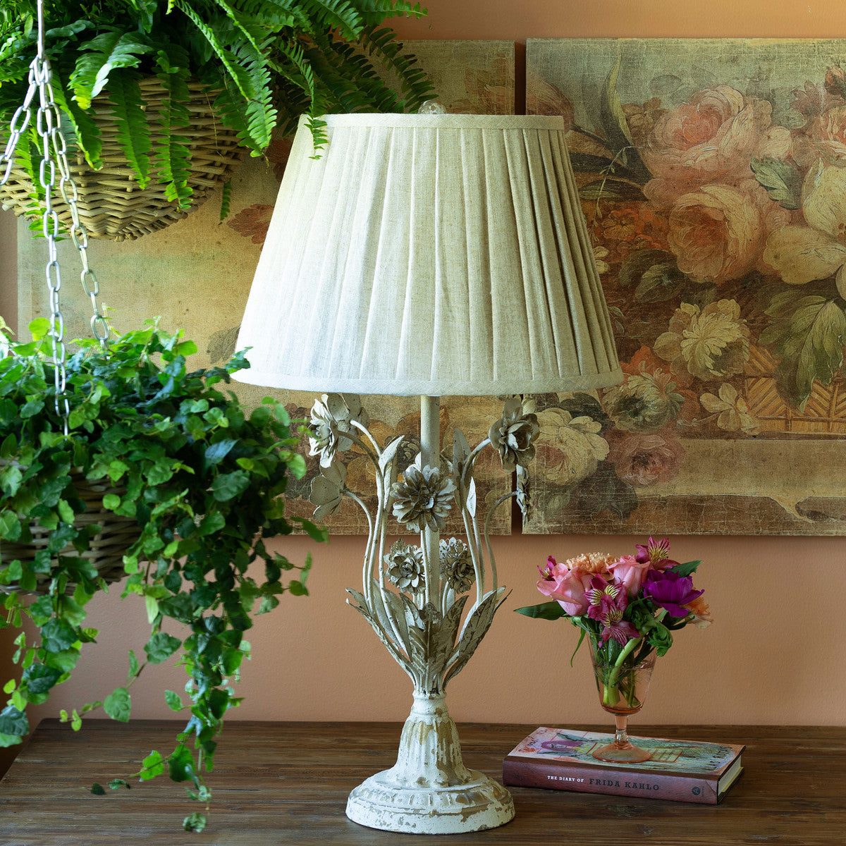 Metal Flower Lamp - Colonial House of Flowers | Atlantametal iron antique luxury white table lamp with green plant pink flowers and floral print on wall
