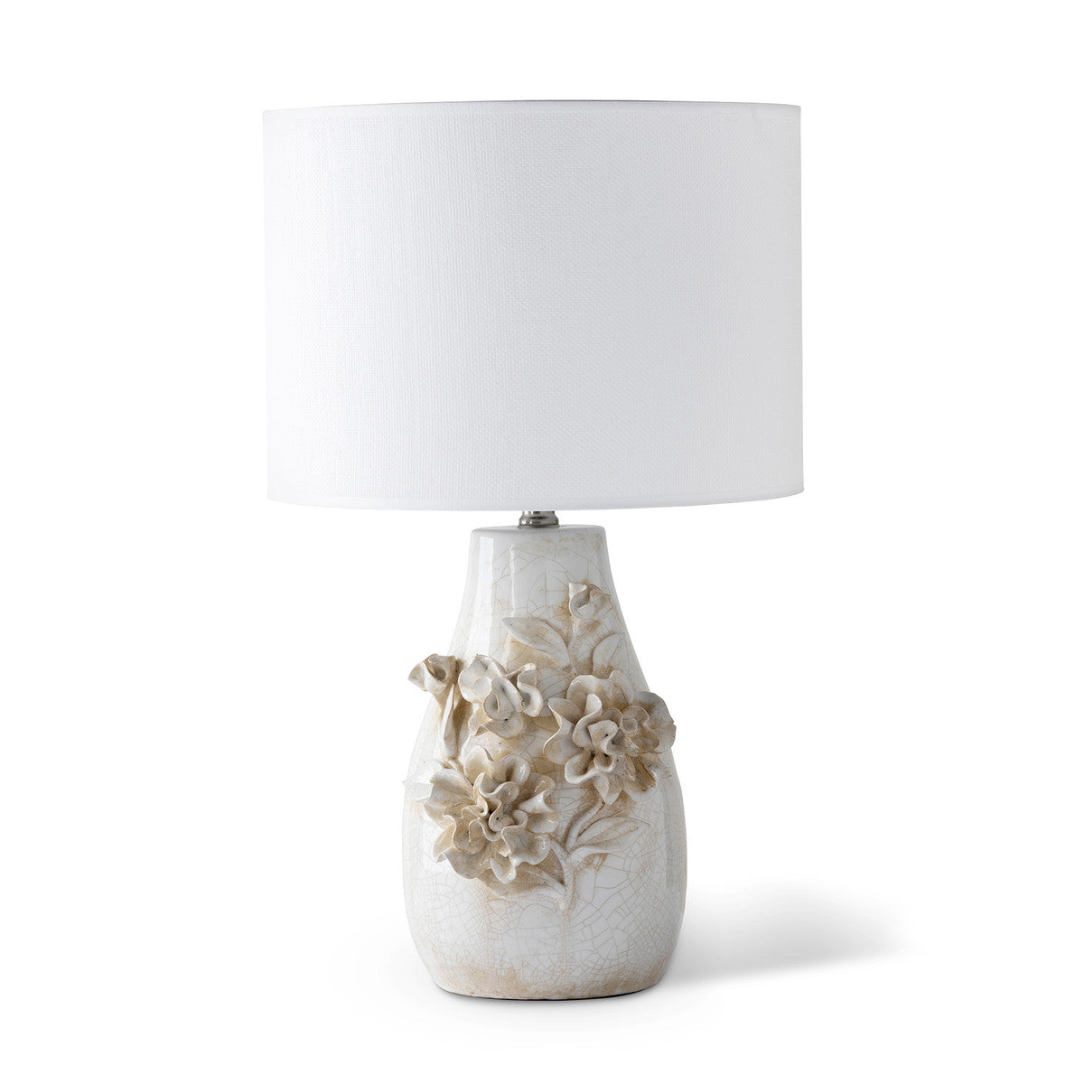 white ceramic lamp with floral rose embellishment 