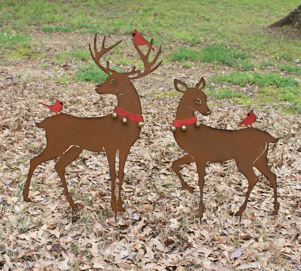 Rustic Reindeer Yard Art With Red Birds, Set of 2