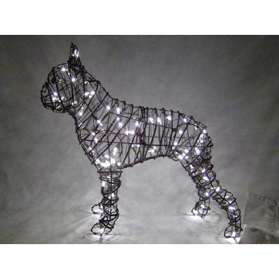 wire frame for boston terrier garden topiary with  string lights and no moss