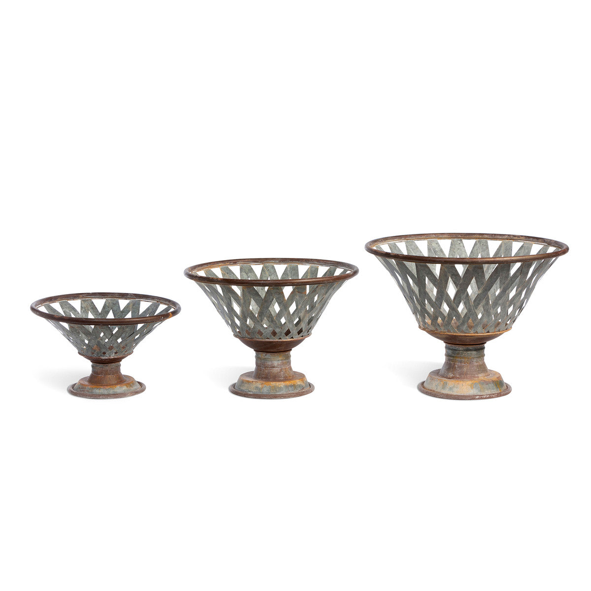 set of three woven metal footed bowl planters side by side