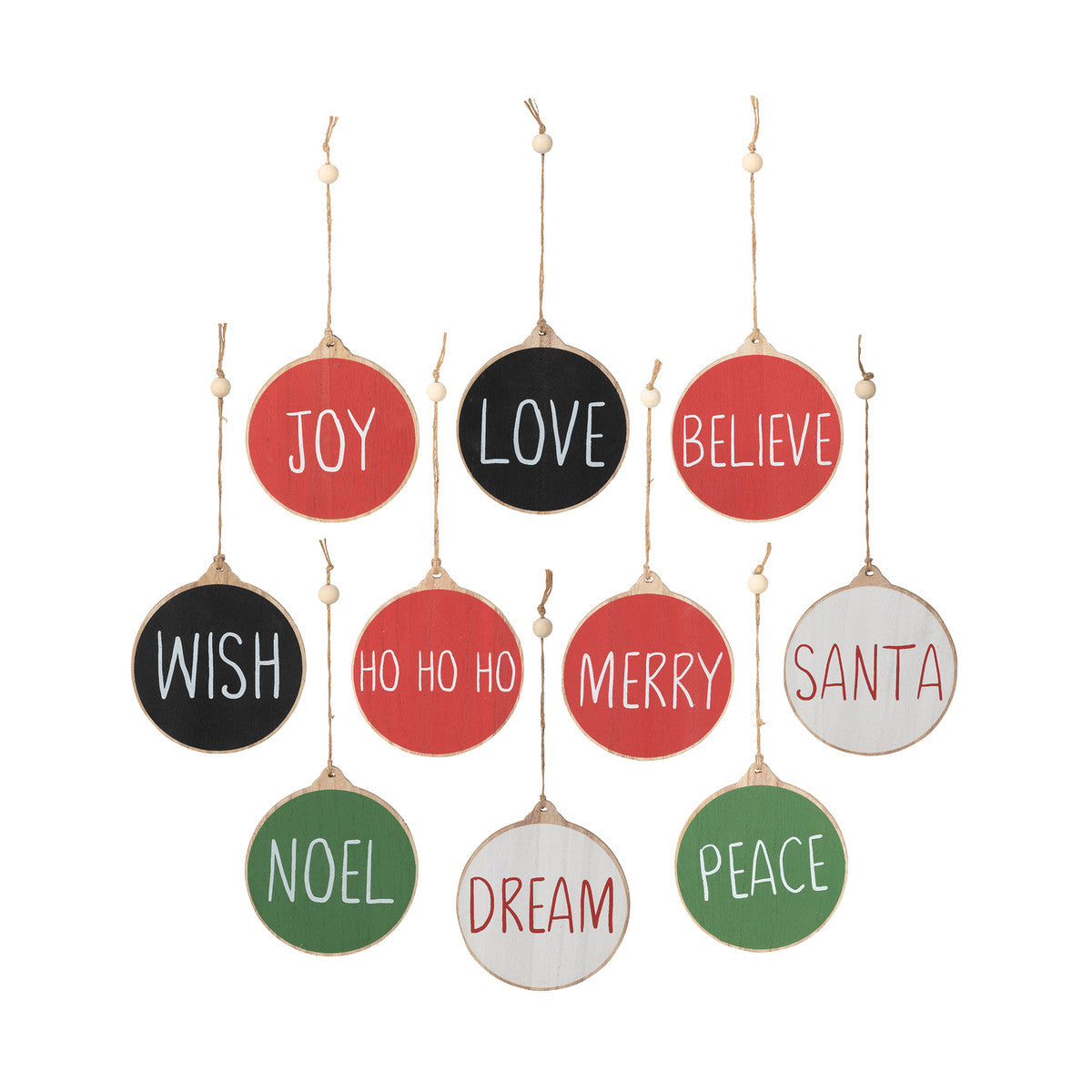 Holiday Christmas Wishes Wood Disc Ornament, Set of 10
