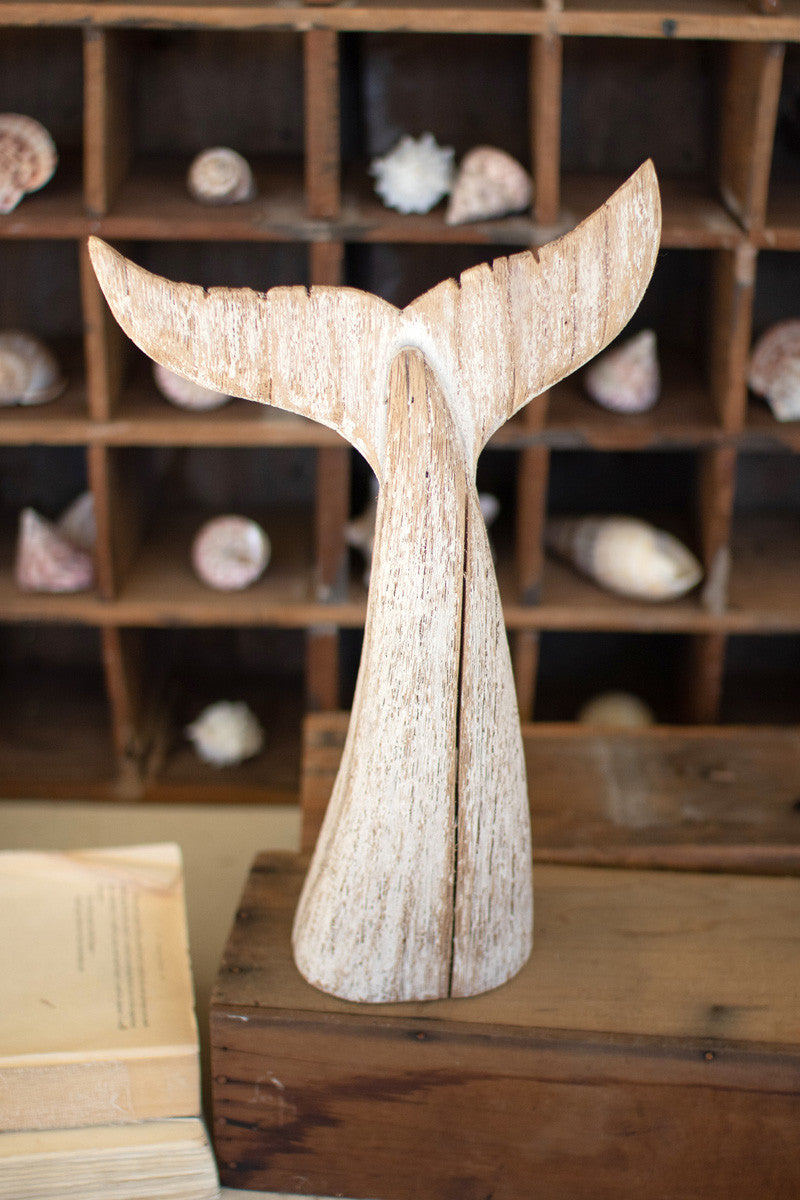 Carved Wood White Washed Whale Tail