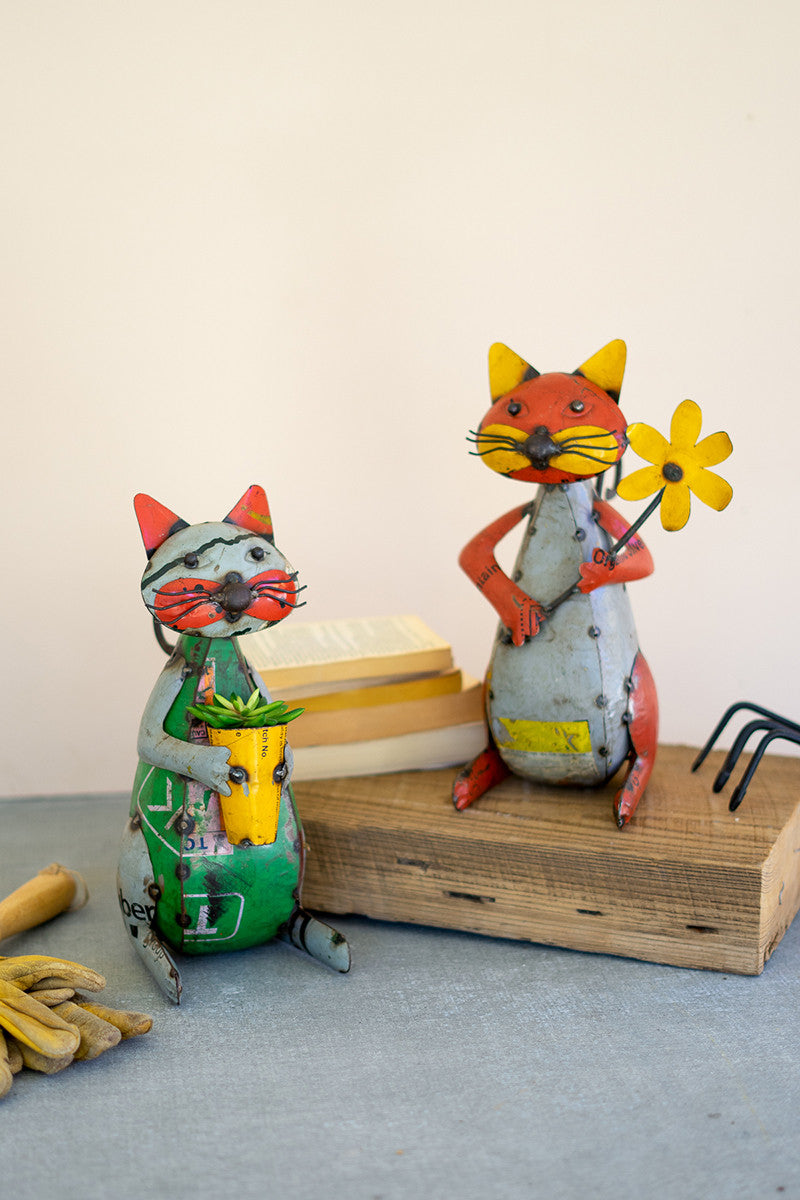 Recycled Iron Cats With Flower And Pot Set